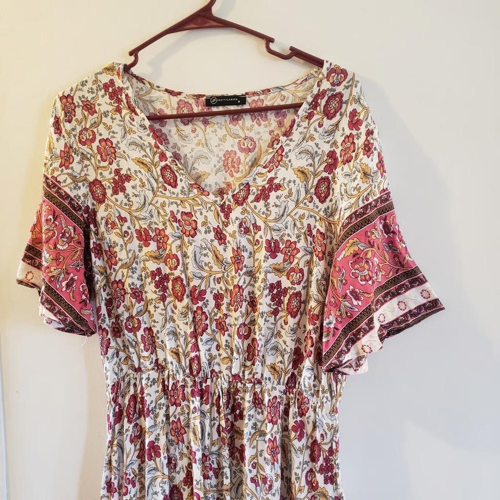 Womens pretty garden maxi length peasant dress white red floral medium